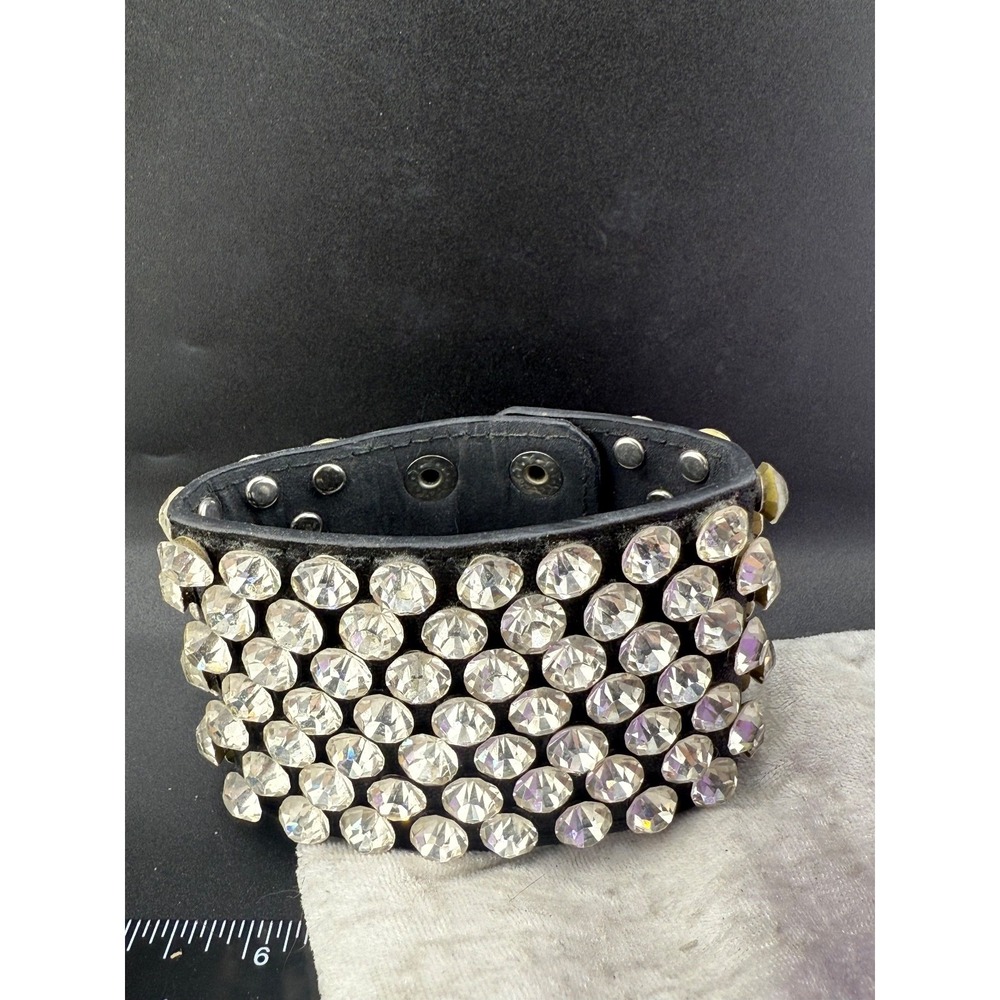 Wide‎ Chunky Faux Leather Bracelet Snap Closure Rhinestone Size 8
